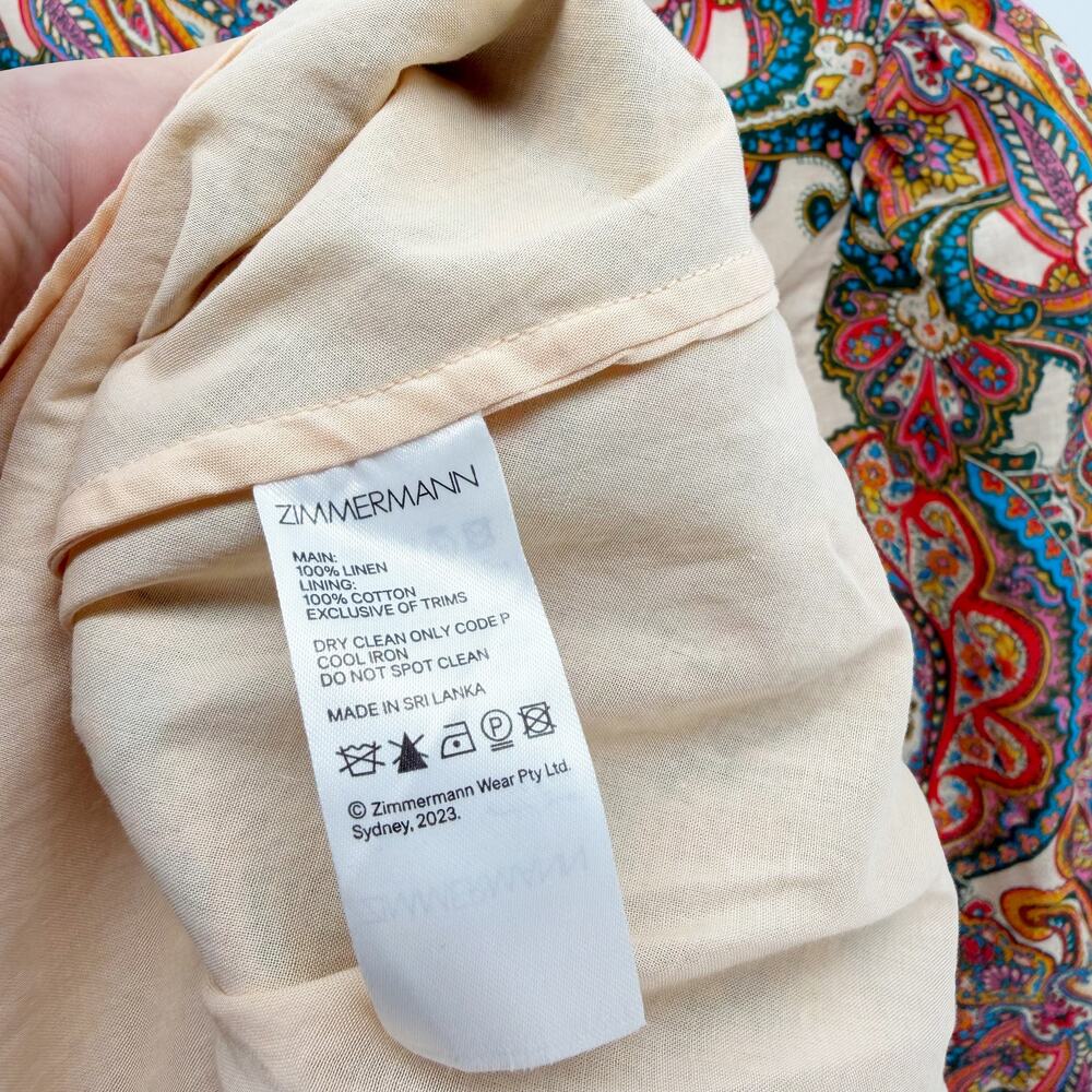 Zimmermann Ottie Plunge Mini Dress Multicolor Paisley Linen Floral Logo XS 0 - Picture 6 of 12